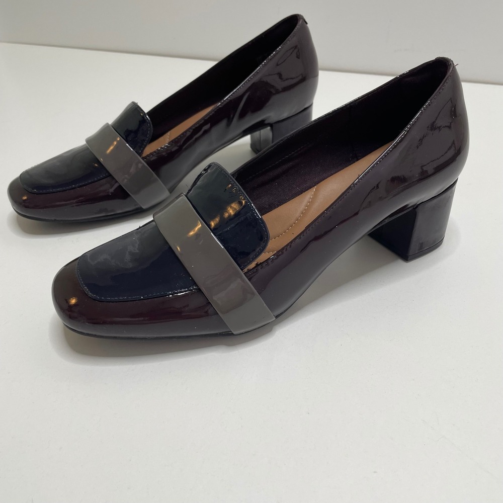 Clarks Colorblock Patent Leather Block Loafer Pump 9 Dark Academia Preppy Office - Picture 6 of 13